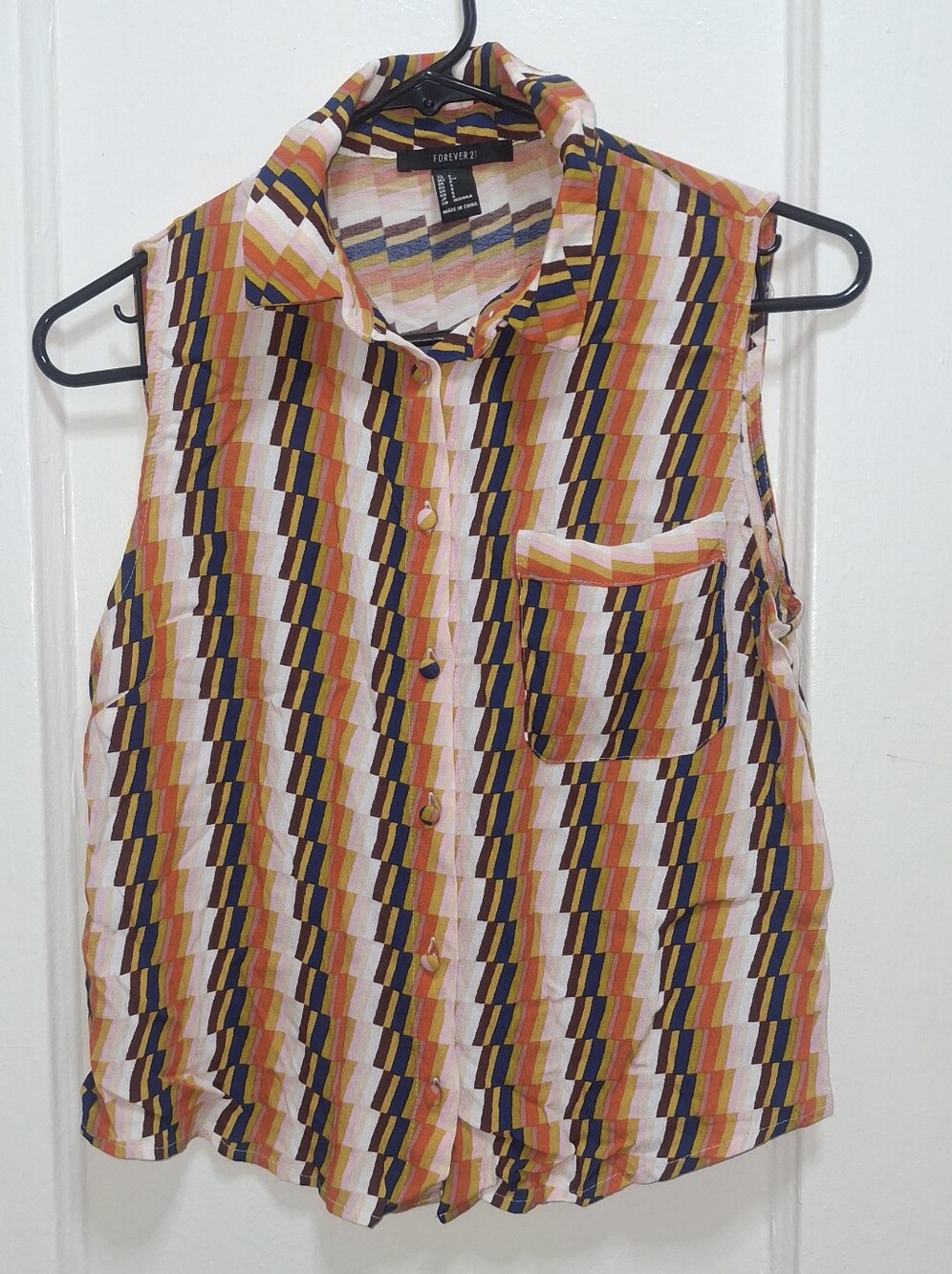 Forever 21 Sleeveless Button-Front Geometric Stripe Top - Yellow/Multi Small